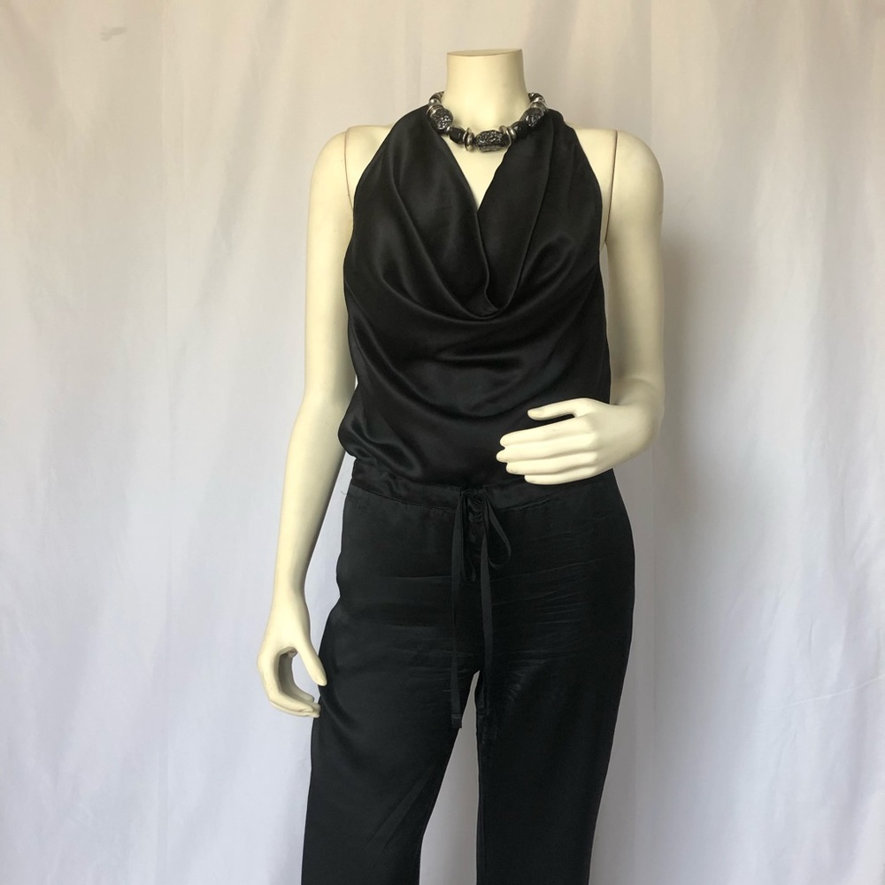 Black Halter Top Silk Woven Genie Leg Jumpsuit